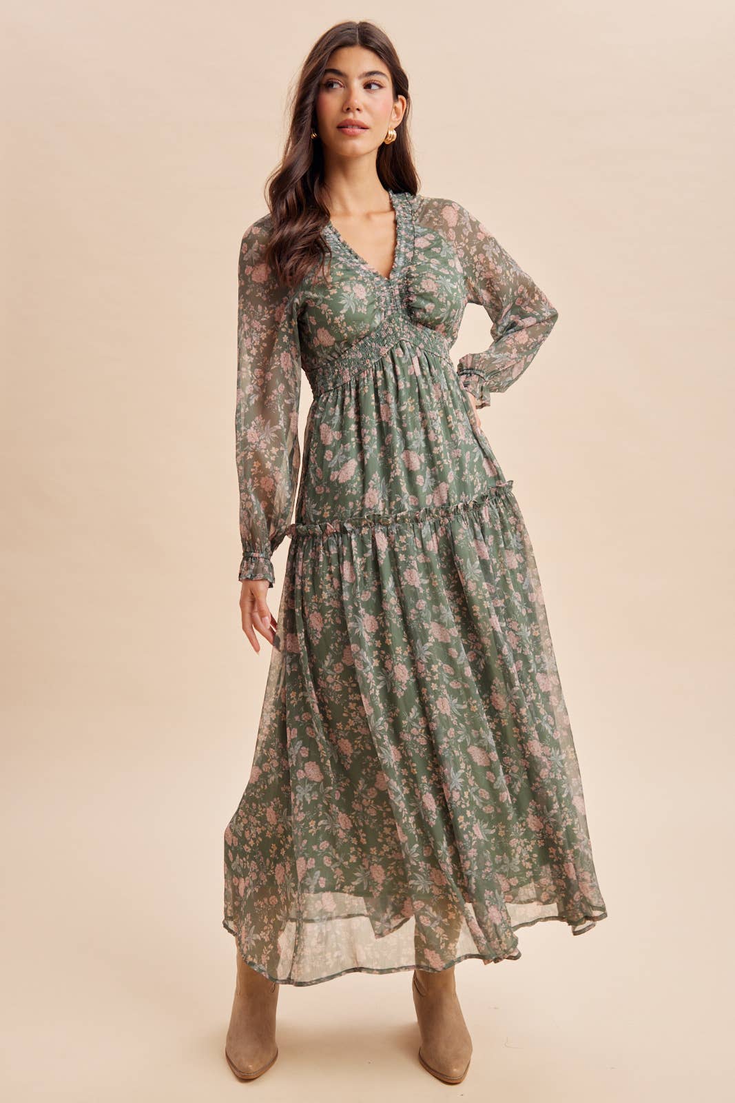 SMOCKED FLORAL MAXI DRESS