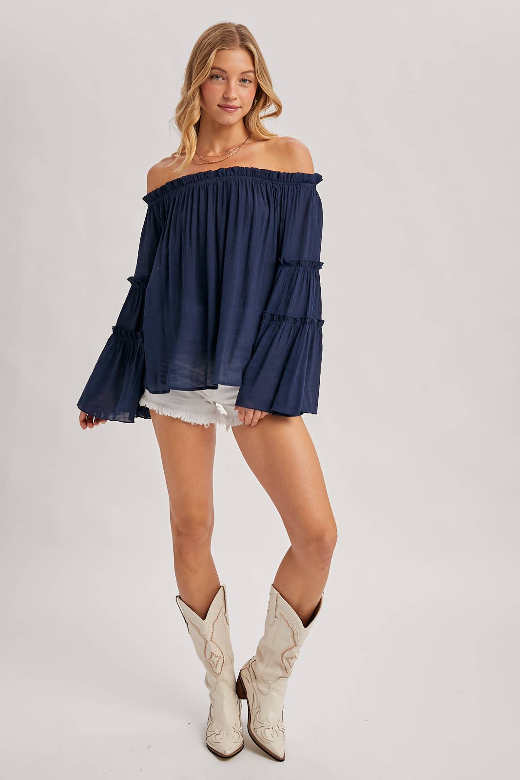 TEXTURED BELL SLEEVE OFF THE SHOULDER TOP: ROSE / M