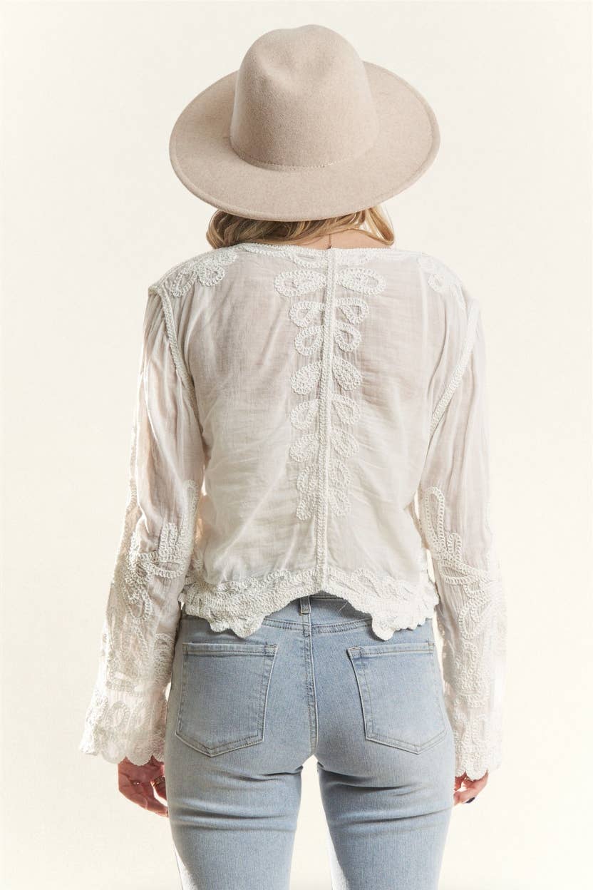 LONG SLEEVE EMBROIDERED BOHO TOP- LET3886: BEIGE / S/M-M/L(3-3)