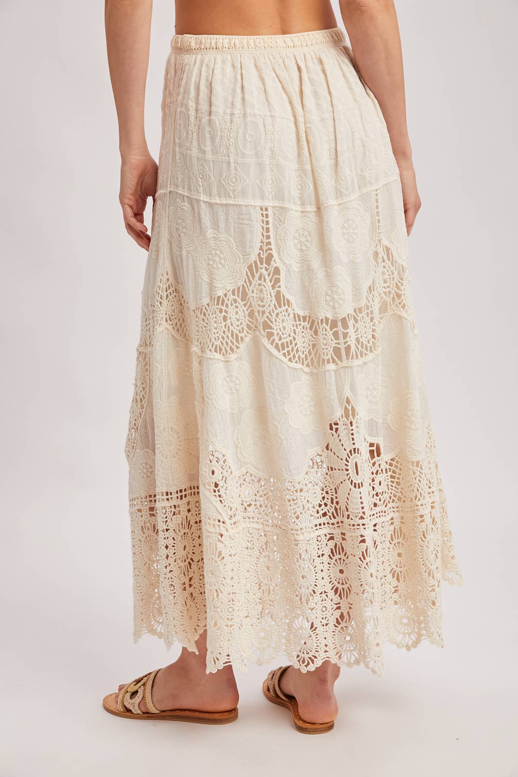 BOHO SHEER LACE MAXI SKIRT WITH LINING: NATURAL / M