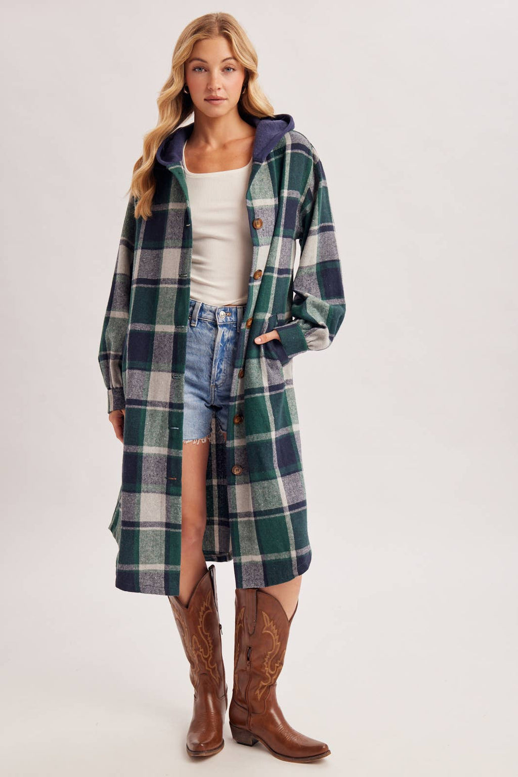 LONGLINE PLAID HOODED JACKET