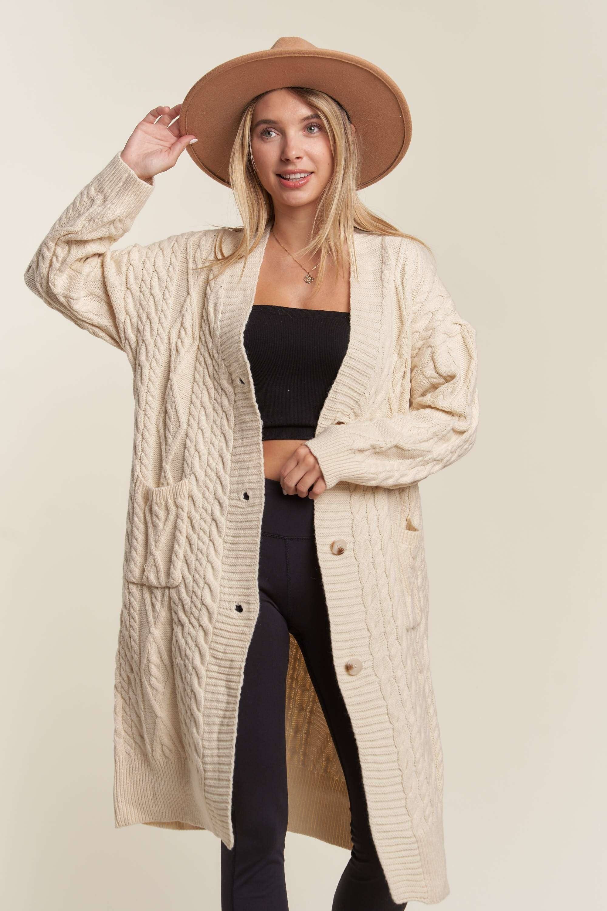 LESW3450A - CABLE KNIT LONG SWEATER CARDIGAN: BROWN / S/M-M/L(3-3)