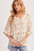 V-NECK OPEN-WORK CROCHET TOP: NATURAL / S/M