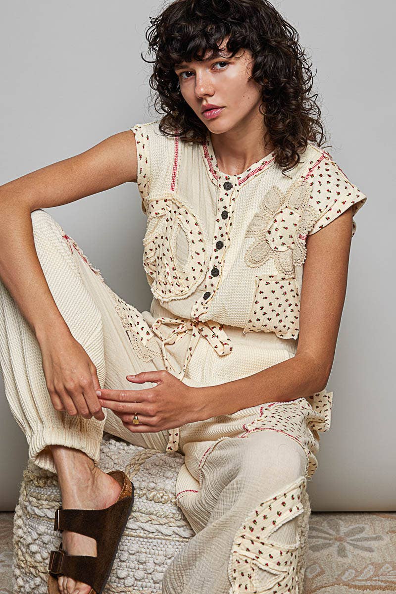 Elastic Hem Waistband Thermal Tapered Overalls: CREAM / S