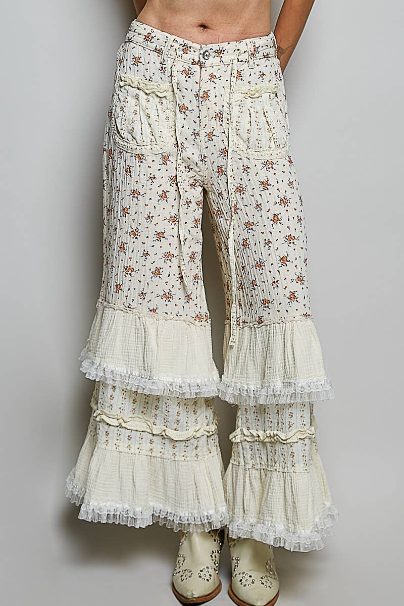 Double Gauze Floral Front Patch Pockets Ruffle Wide Pants: MOCHA MULTI