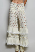 Double Gauze Floral Front Patch Pockets Ruffle Wide Pants: NATURAL MULTI