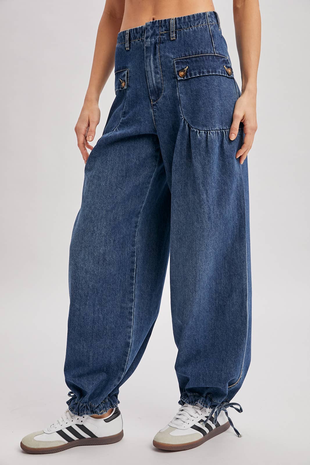 DENIM ANKLE DRAWSTRING BALLOON JEANS: DK.WASH / S