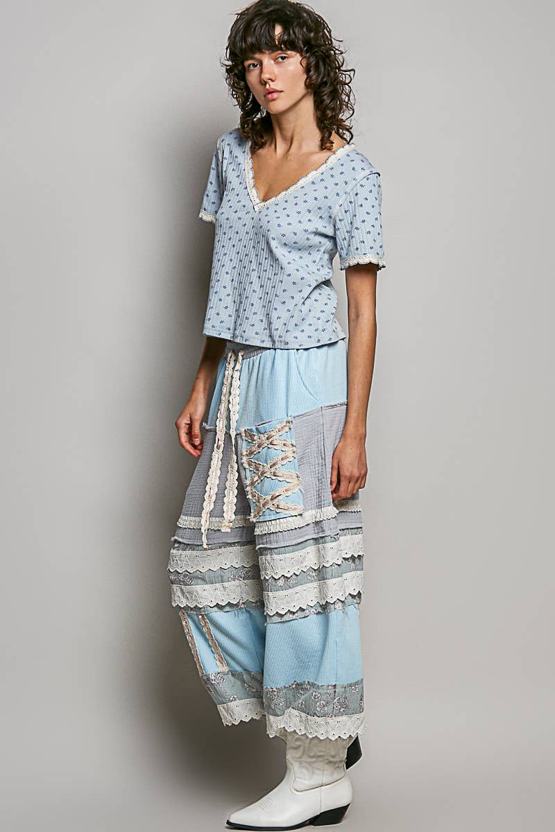 Double Gauze Trim Floral Patch Waistband Jogger Pants: Pink