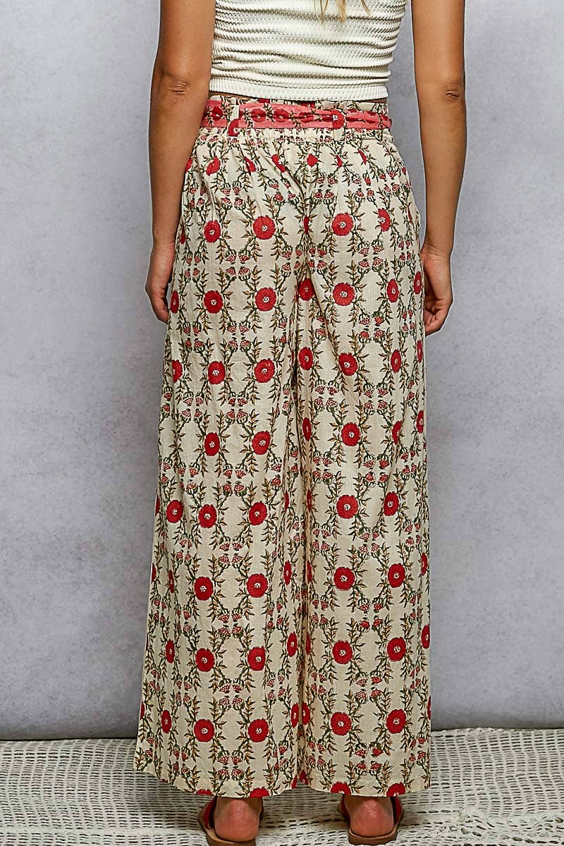 Waist Belt Floral Pattern Straight Fit Pants: CREAM MULTI / S