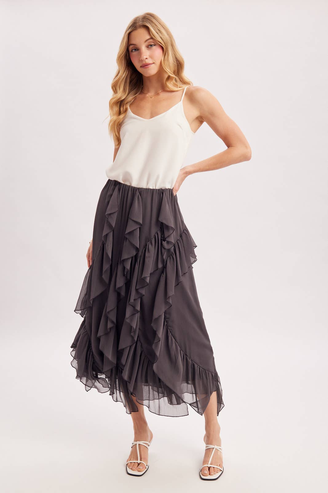 SEMI-SHEER CHIFFON RUFFLED TULLE MIDI SKIRT: ECRU