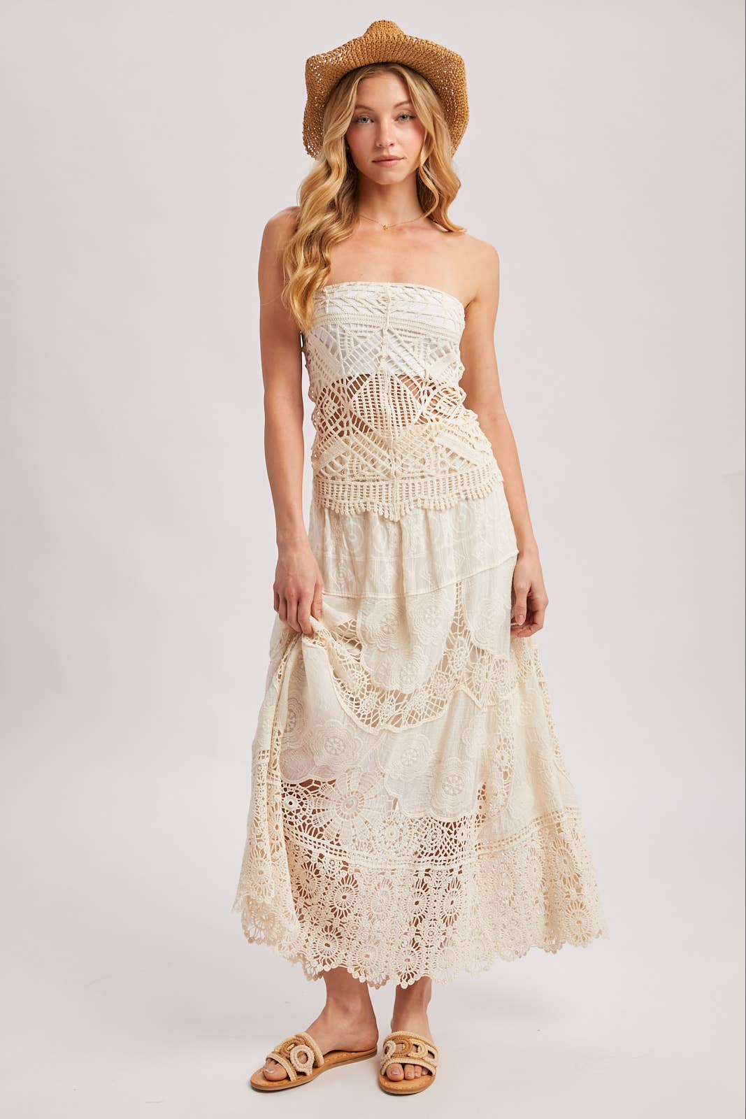 BOHO SHEER LACE MAXI SKIRT WITH LINING: NATURAL / M