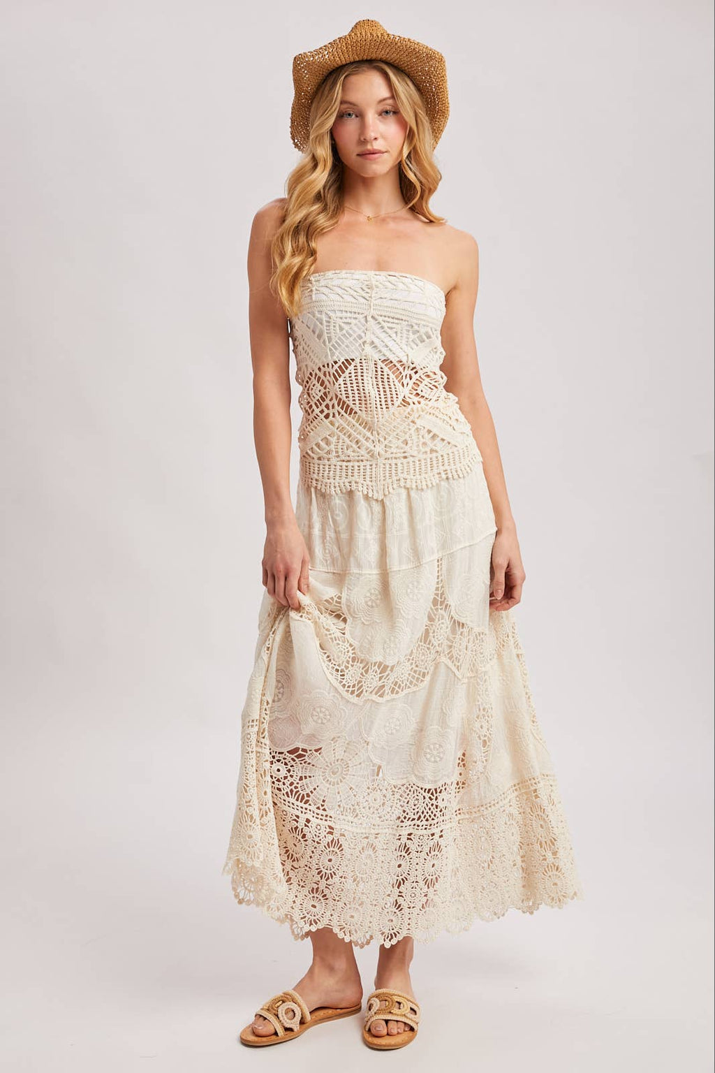 BOHO SHEER LACE MAXI SKIRT WITH LINING: NATURAL / L