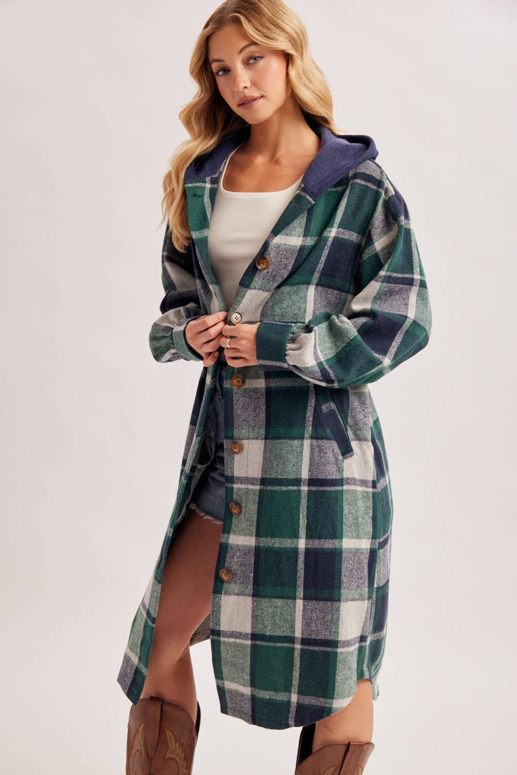 LONGLINE PLAID HOODED JACKET