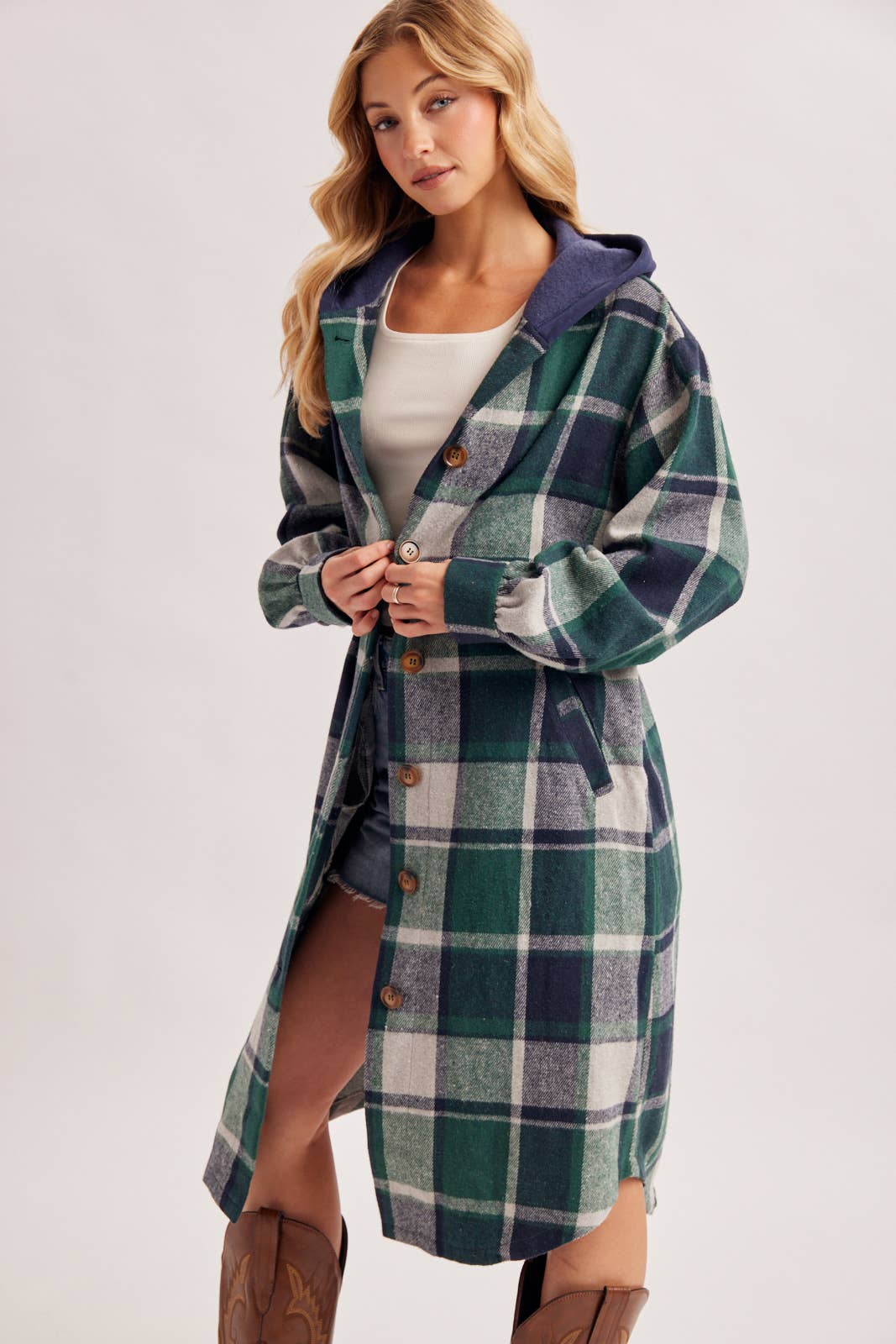 LONGLINE PLAID HOODED JACKET
