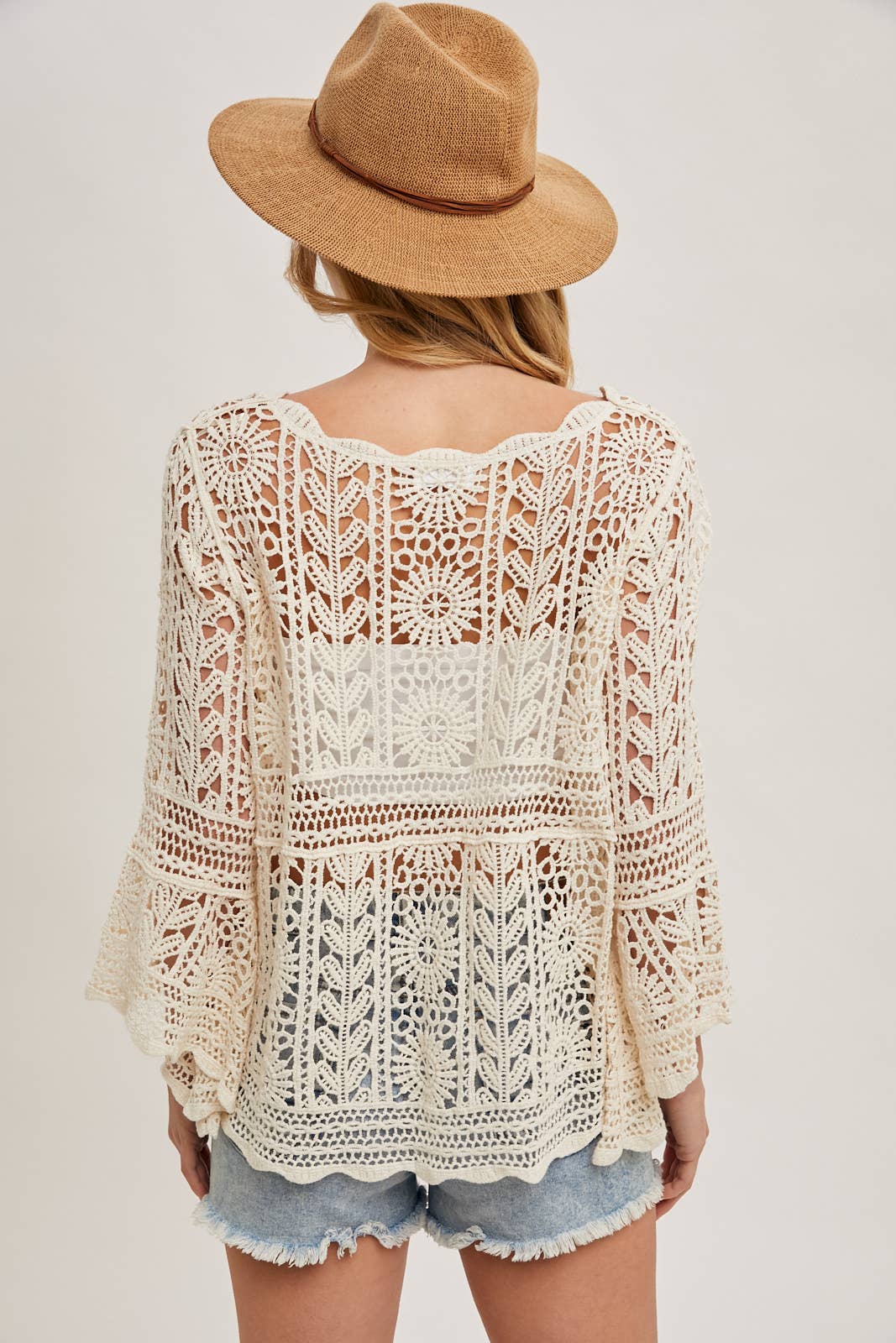 CROCHET SHEER BELL-SLEEVE PULLOVER TOP: NATURAL