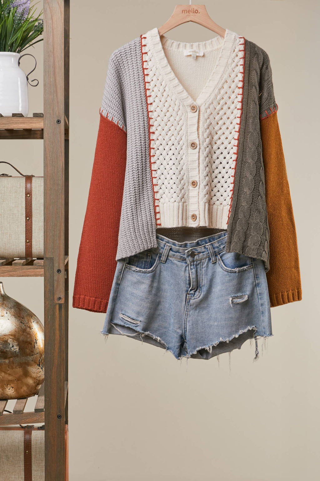 Color-Blocked Knit Sweater: Ivory Multi / S