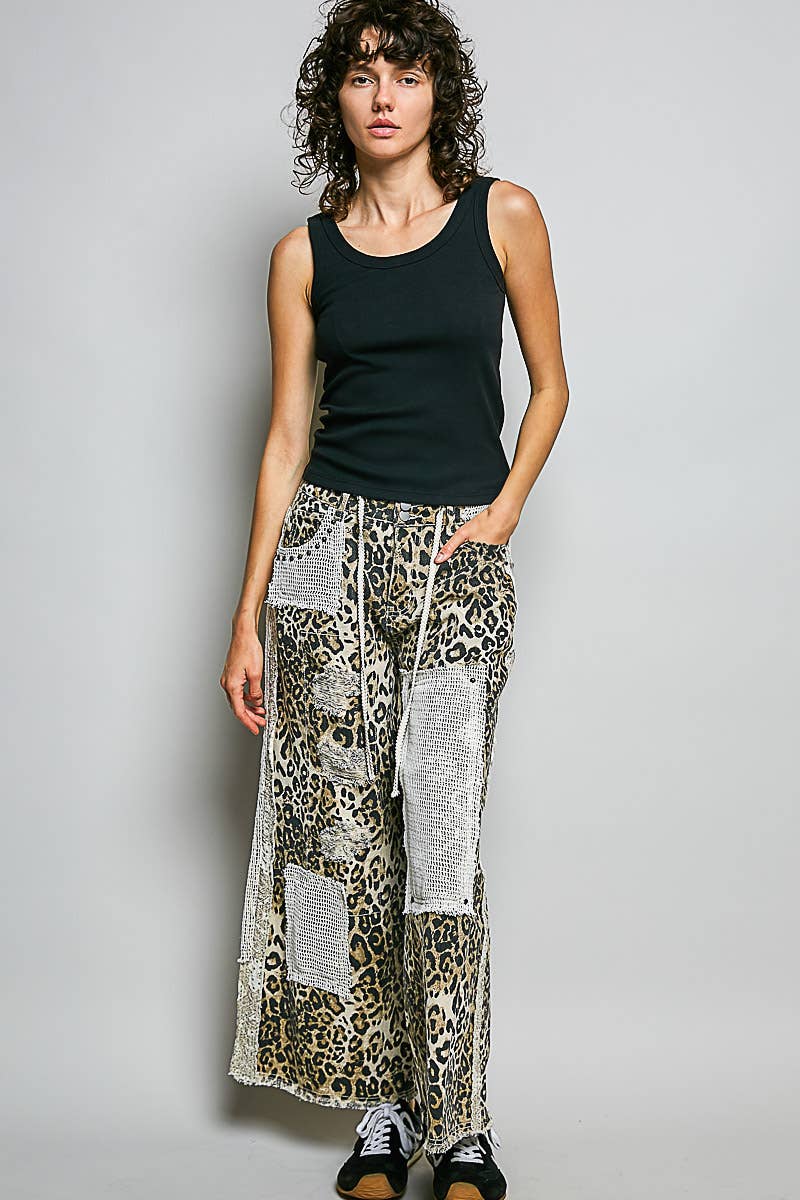Stud Detail Woven Denim Pants: SAND LEOPARD / S