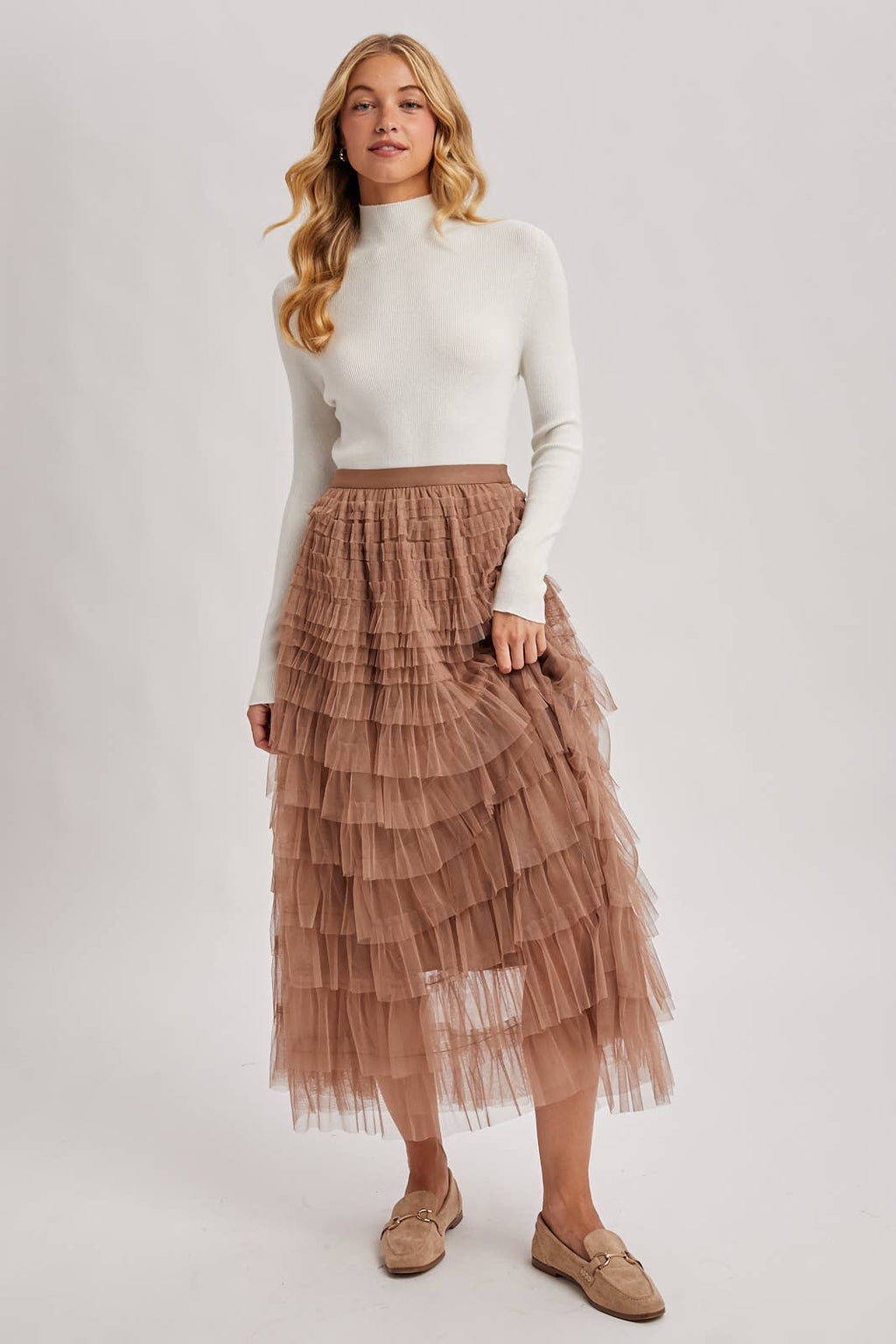 RUFFLED TULLE MIDI SKIRT: MAUVE / S