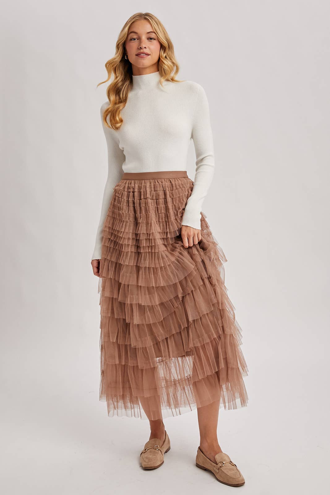 RUFFLED TULLE MIDI SKIRT: MAUVE / S
