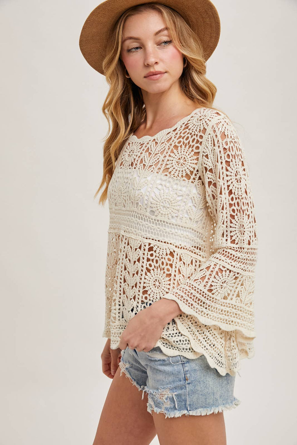 CROCHET SHEER BELL-SLEEVE PULLOVER TOP: NATURAL