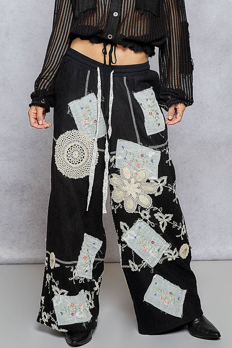 Solid Lace Patch Detail Woven Pants: SKY BLUE