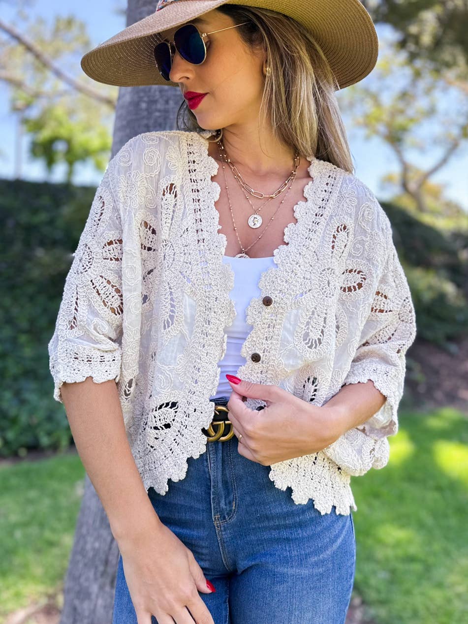 Boho Floral Crochet Button Down Cardigan with Dolman Sleeves: Ivory / One Size