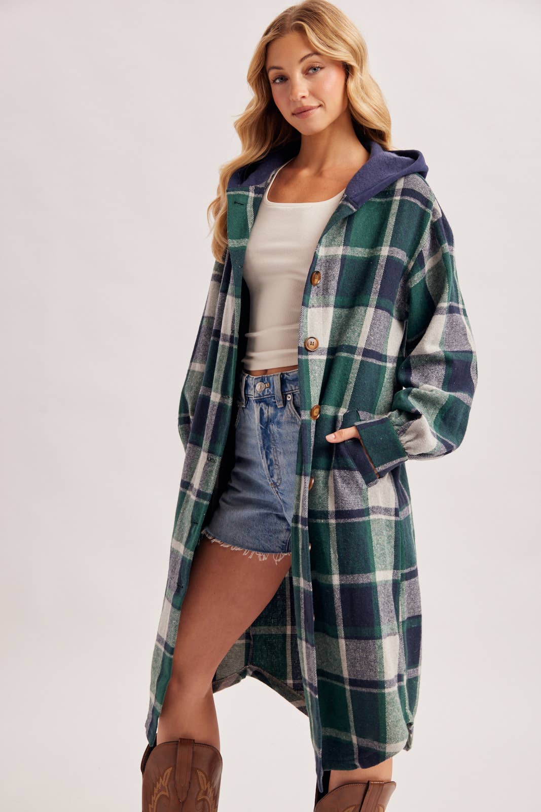 LONGLINE PLAID HOODED JACKET