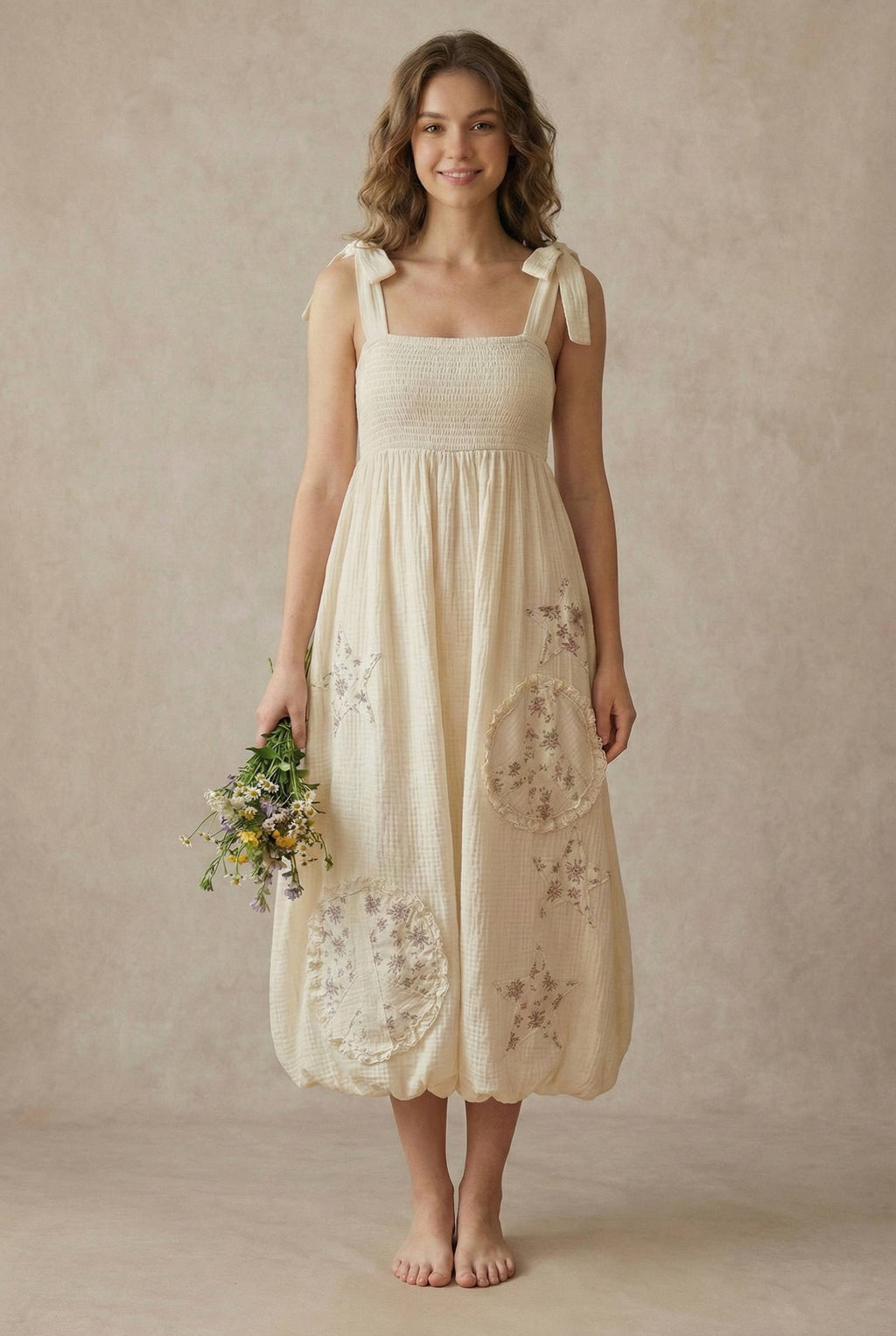 Peace Patchwork Ruffled Sleeveless Dress: Ivory