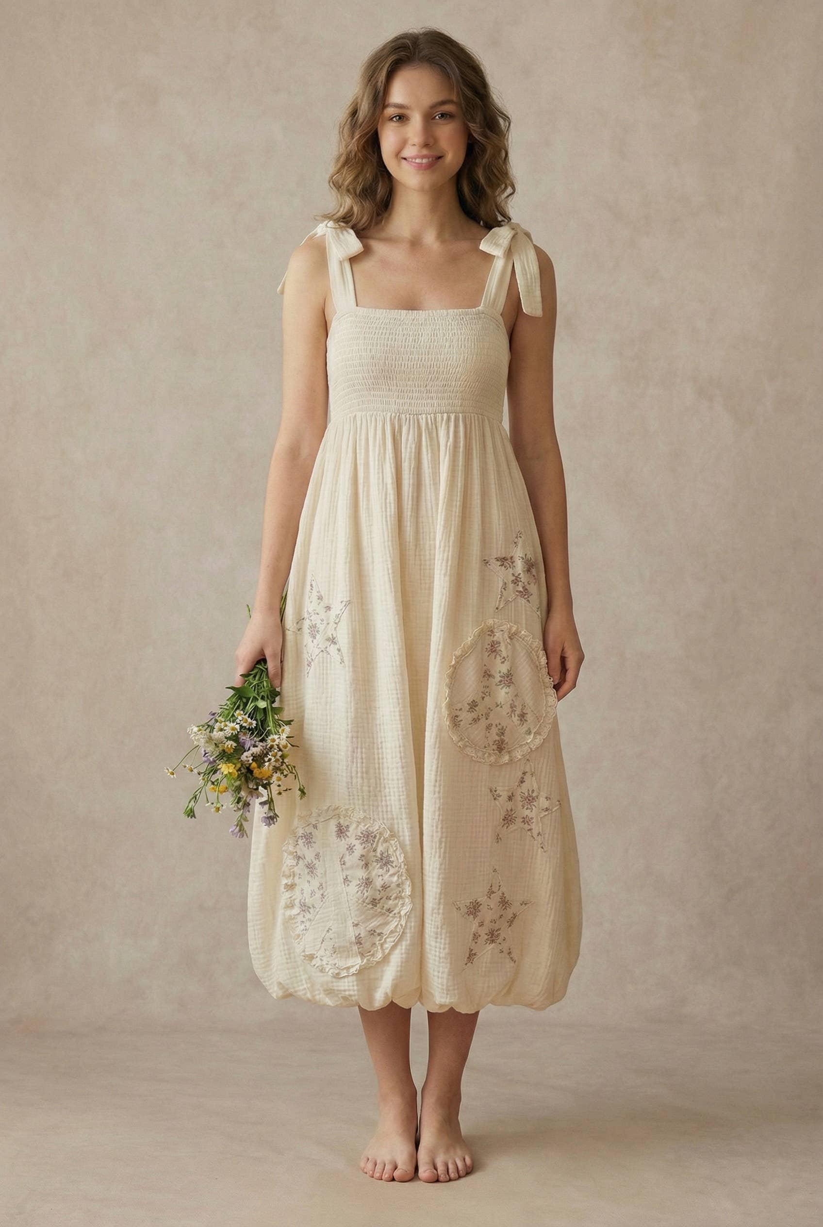 Peace Patchwork Ruffled Sleeveless Dress: Ivory