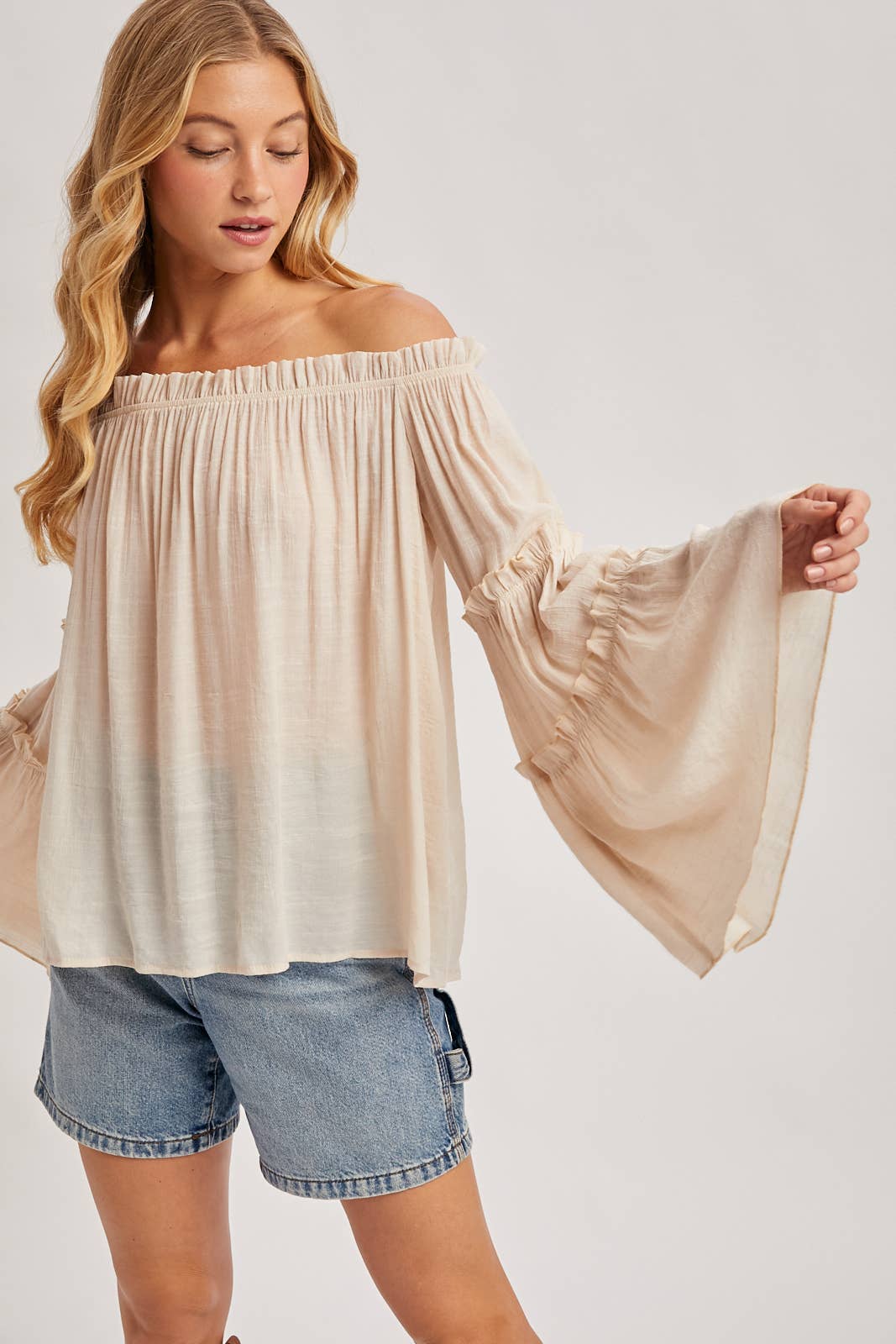 TEXTURED BELL SLEEVE OFF THE SHOULDER TOP: ROSE / S