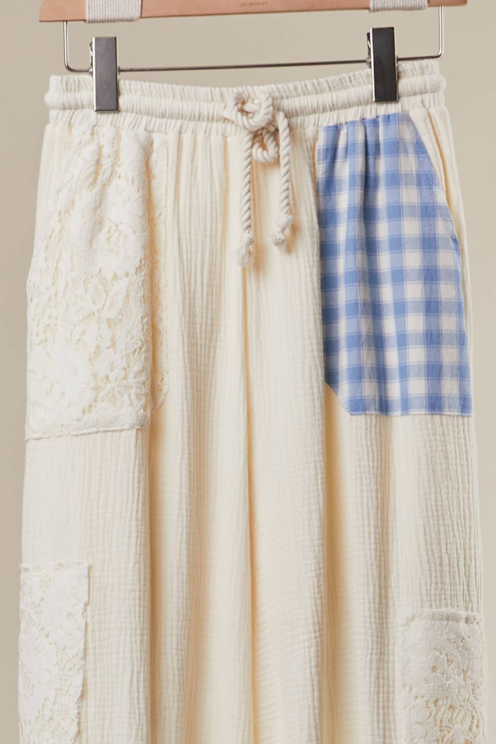 PATCHWORK COTTON WIDE LEG PANTS: Blue