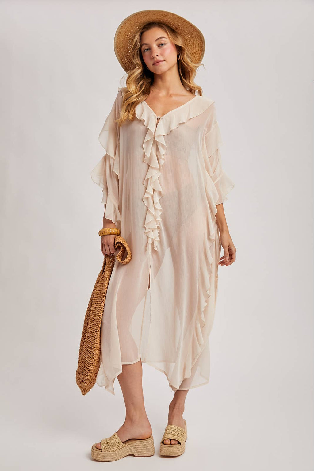 SHEER RUFFLED OPEN FRONT KIMONO COVER-UP DRESS - EASTER DAY: DUSTY PINK / One Size