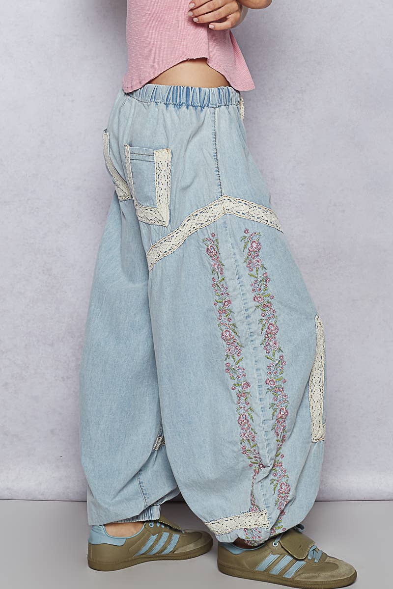 Vintage Washed Embroidery Trim Point Jogger Pants: NAVY CHARCOAL / S