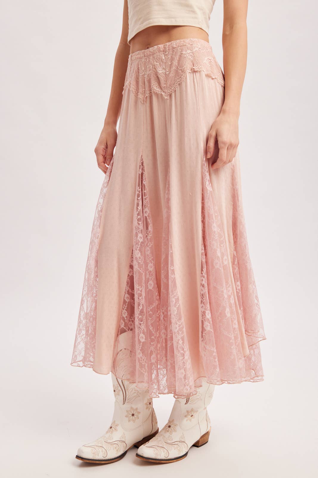 BOHO FLOWY LACE MAXI SKIRT WITH NO LINING - EASTER DAY: ECRU / S