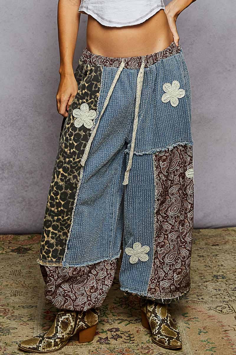 Crochet Patch Detail Contrast Patchwork Printed Woven Pants: CREAM MULTI / M