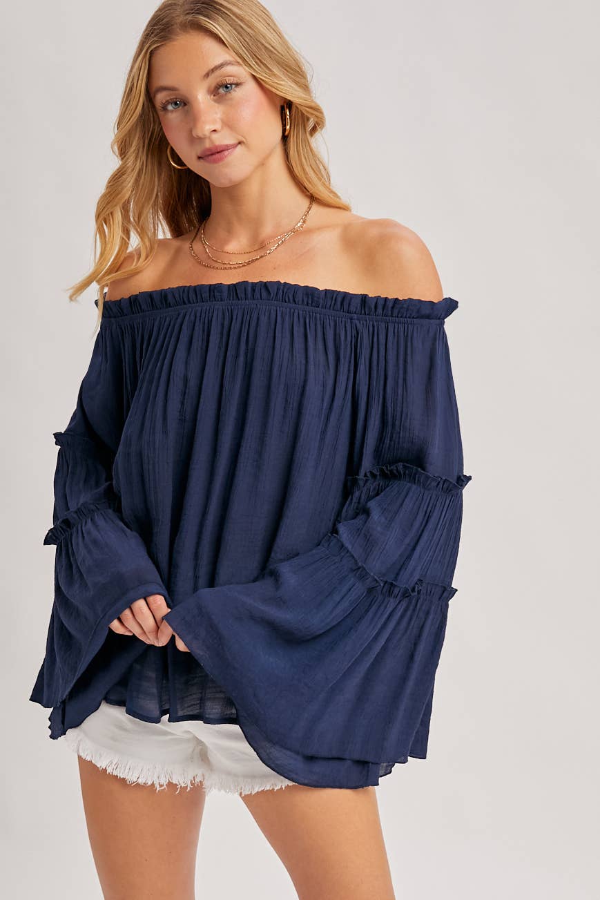 TEXTURED BELL SLEEVE OFF THE SHOULDER TOP: ROSE / L