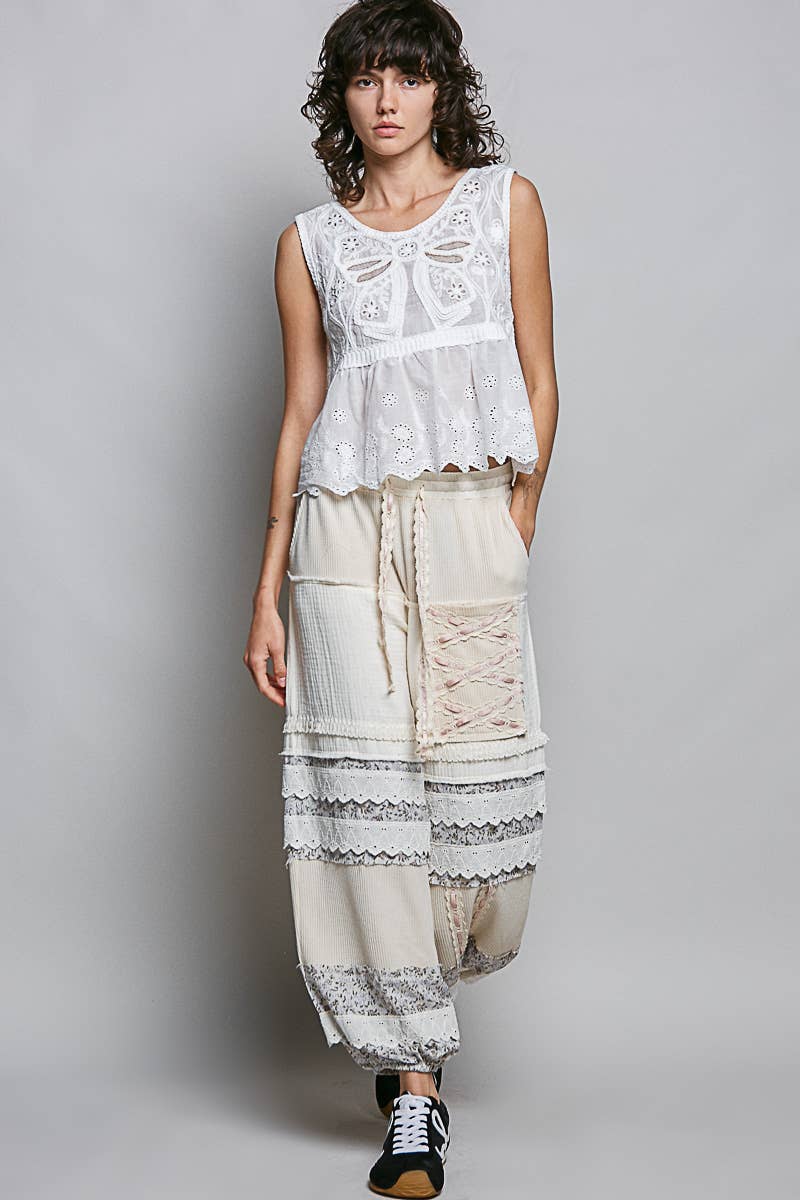 Double Gauze Trim Floral Patch Waistband Jogger Pants: Pink