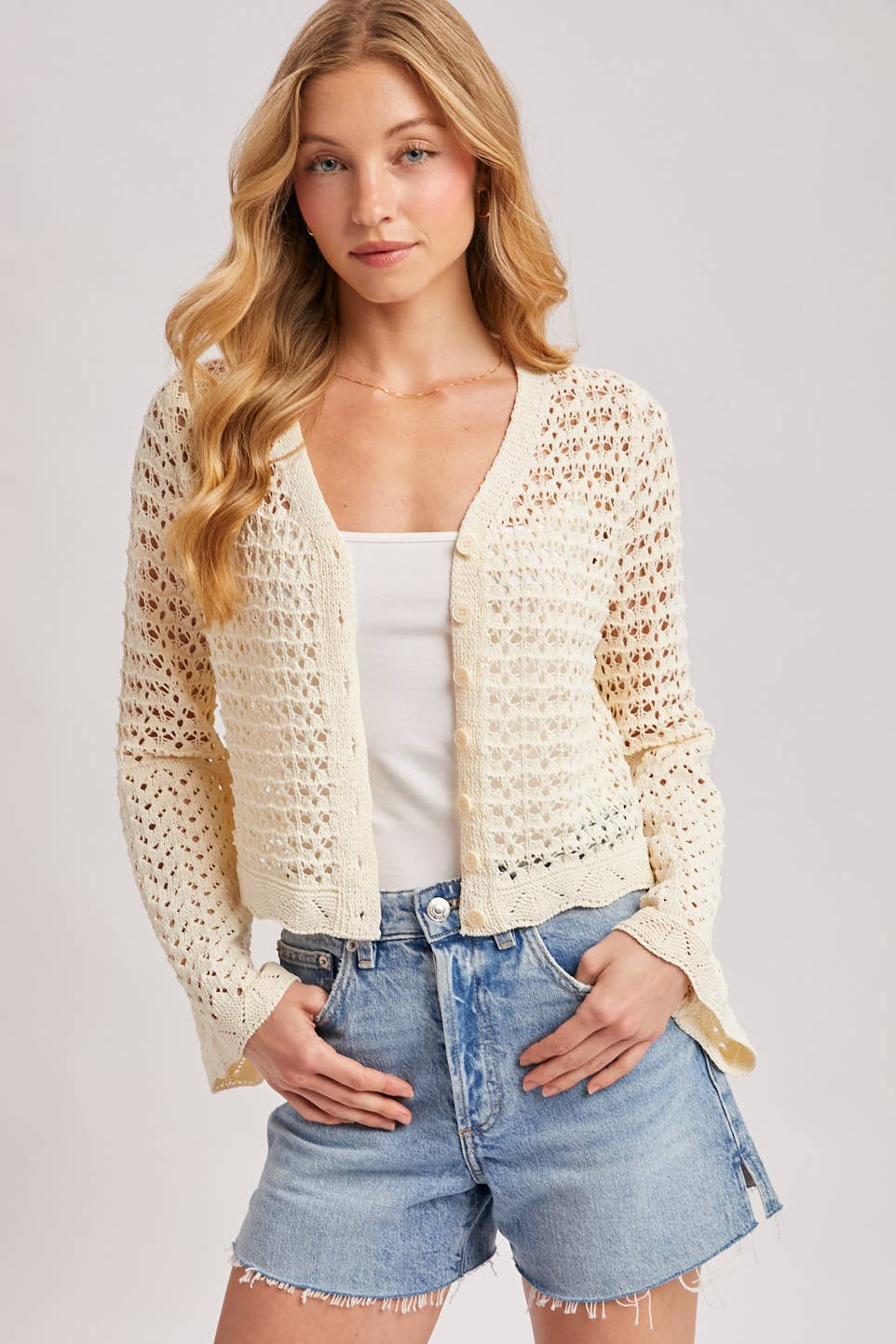 BUTTON DOWN OPEN-KNIT CROCHET CARDIGAN: MOCHA / S