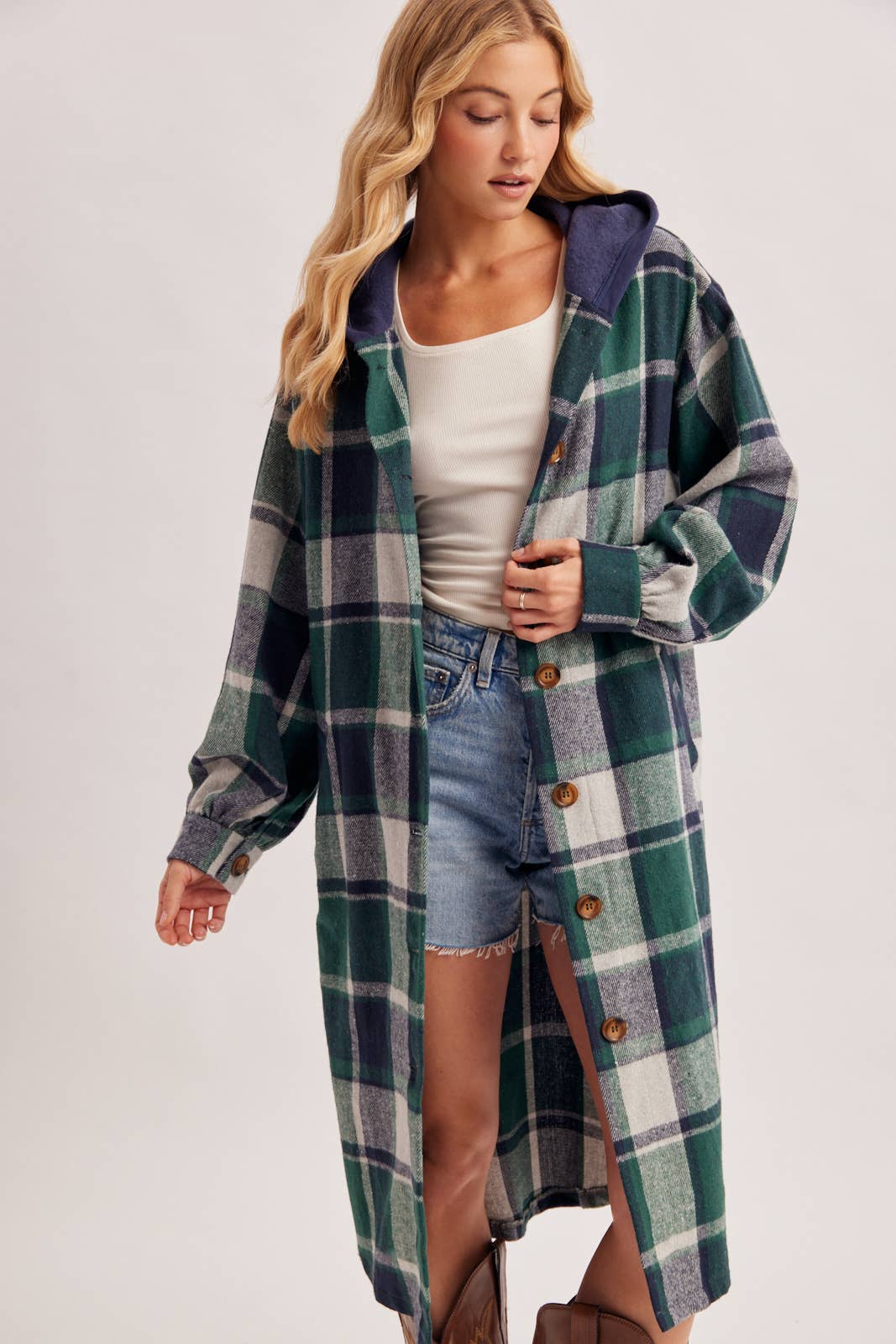 LONGLINE PLAID HOODED JACKET
