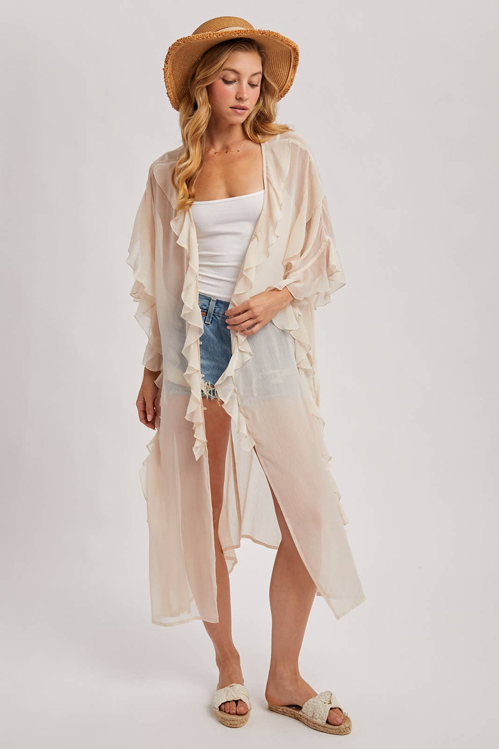 SHEER RUFFLED OPEN FRONT KIMONO COVER-UP DRESS - EASTER DAY: DUSTY PINK / One Size