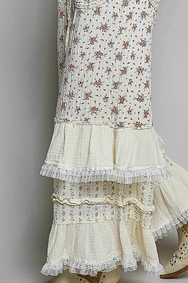 Double Gauze Floral Front Patch Pockets Ruffle Wide Pants: MOCHA MULTI