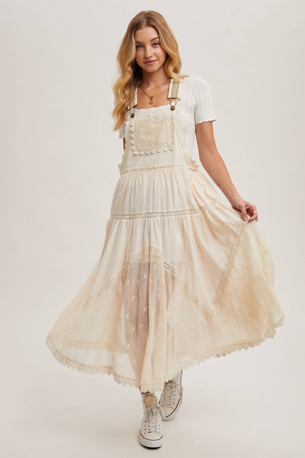 LACE EMBROIDERED TULLE BIB MAXI DRESS: ASH