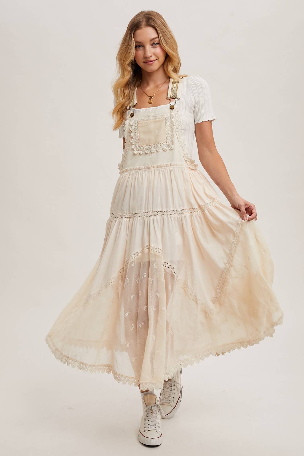 LACE EMBROIDERED TULLE BIB MAXI DRESS: ASH