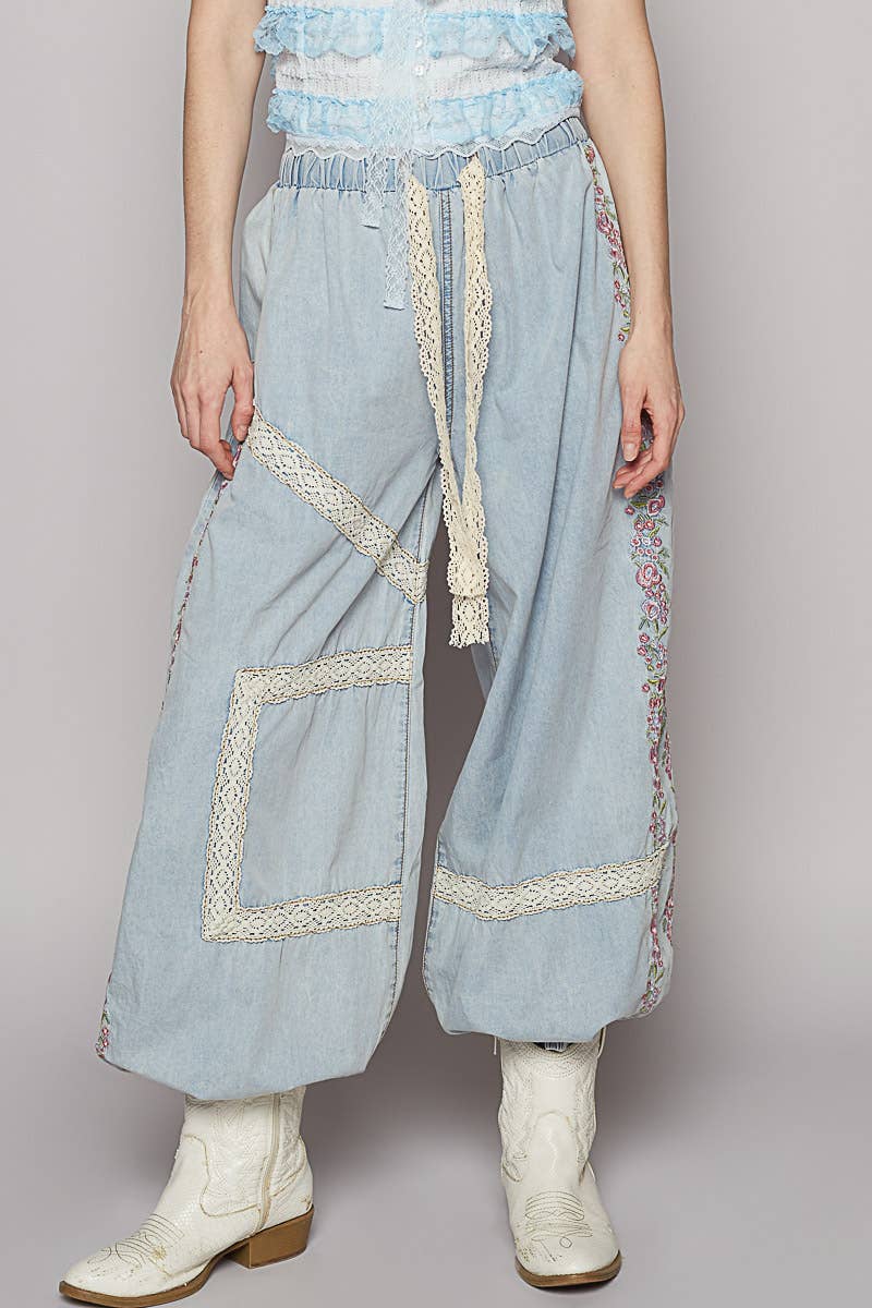 Vintage Washed Embroidery Trim Point Jogger Pants: NAVY CHARCOAL / S