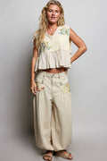 Boho Floral Patch V-Neck Sleeveless Top: NATURAL