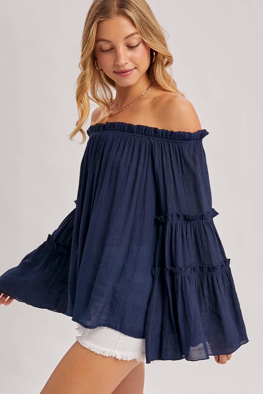 TEXTURED BELL SLEEVE OFF THE SHOULDER TOP: ROSE / S