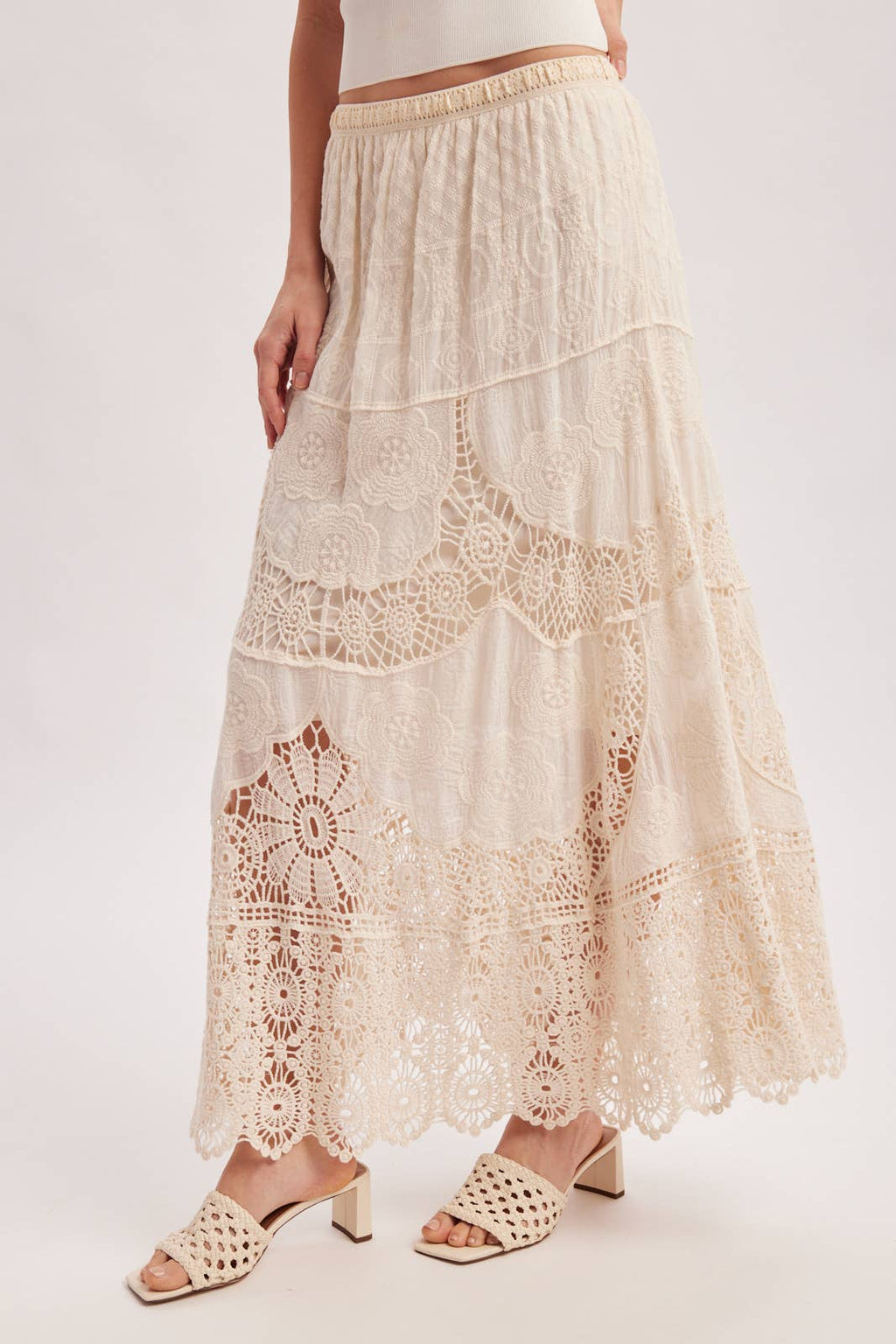 BOHO SHEER LACE MAXI SKIRT WITH LINING: NATURAL / S