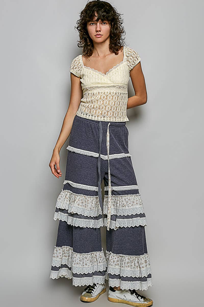 Floral Contrast Eyelet Ruffle Lace Trim Straight Knit Pants: BLUSH