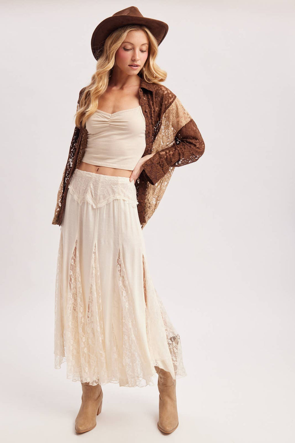 BOHO FLOWY LACE MAXI SKIRT WITH NO LINING - EASTER DAY: ECRU / L