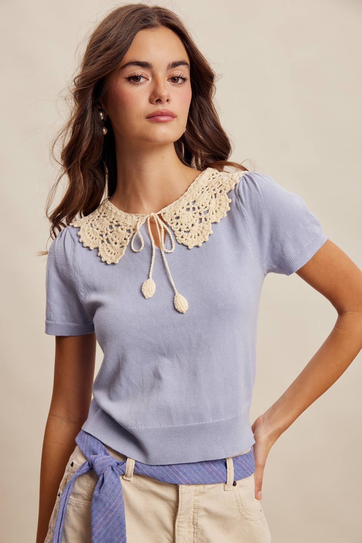 Crochet Collar Short Sleeve Knit Top LSW1048